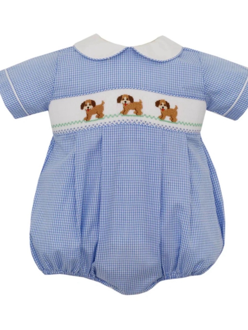 Blue Gingham Smocked Puppy Bubble Romper
